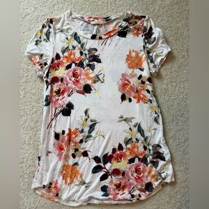 Floral Scoop Neck Women's Top - White with Pink & Orange Flowers